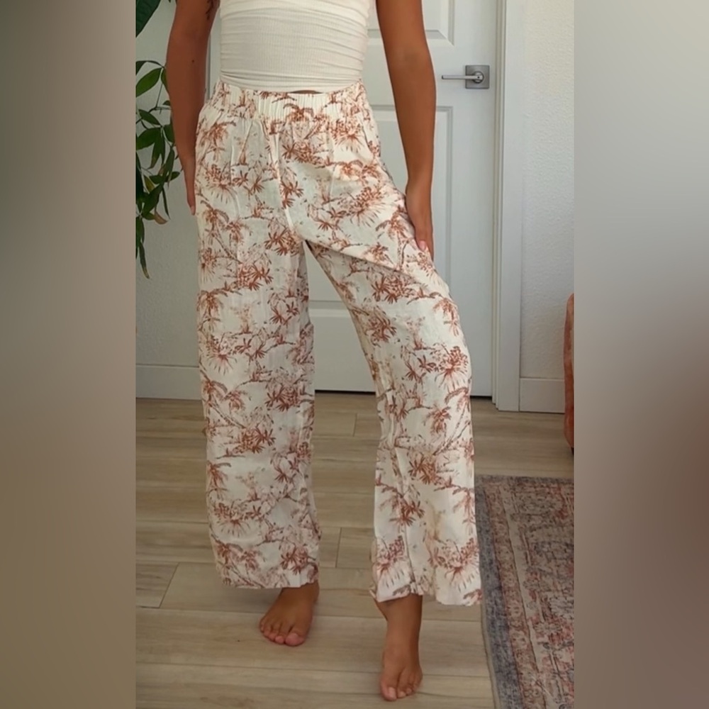 Women's Cream and Brown linen Patterned Pants